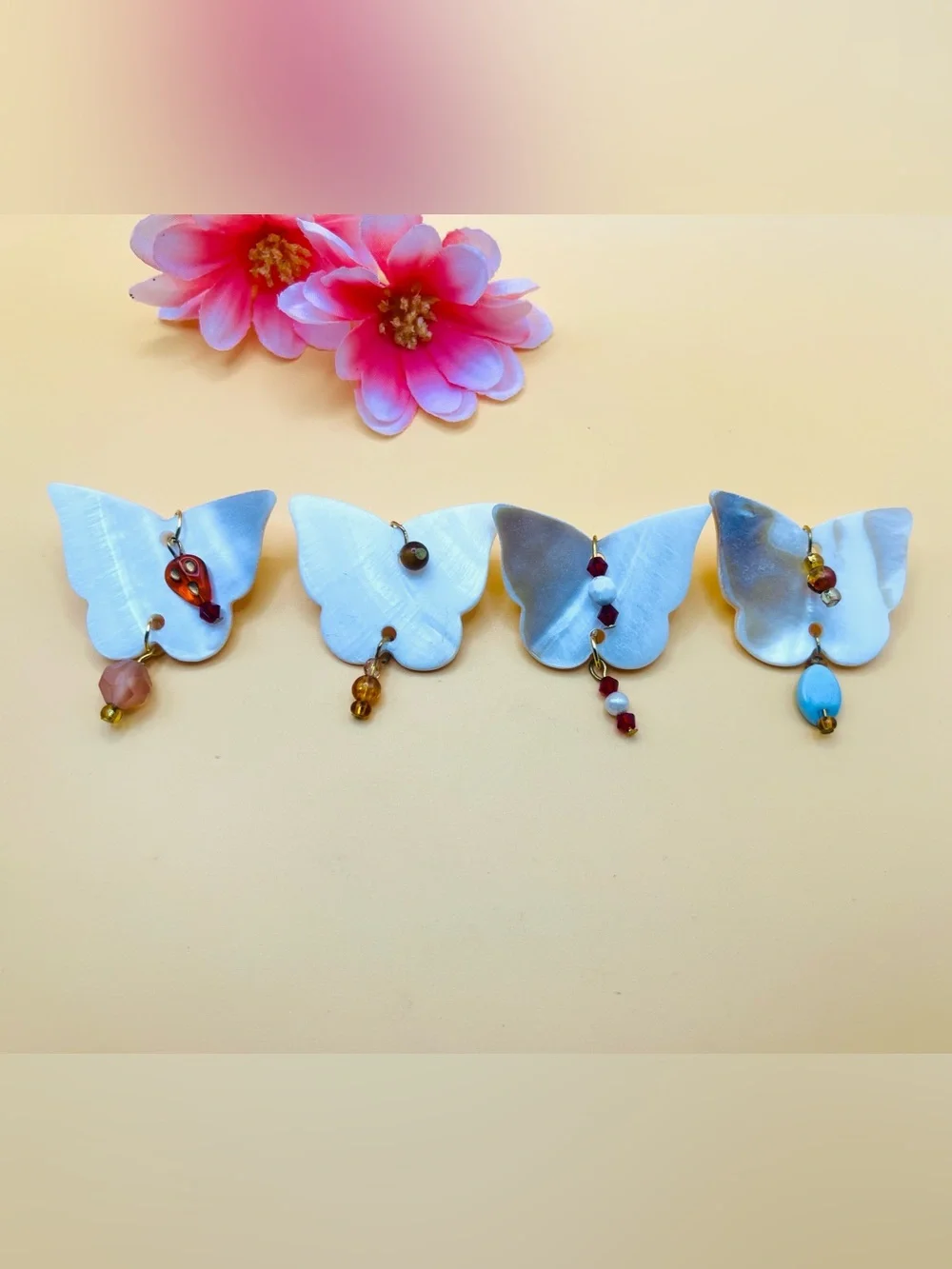 Lot of 4 Mother-of-Pearl Butterfly brooch multi color beads